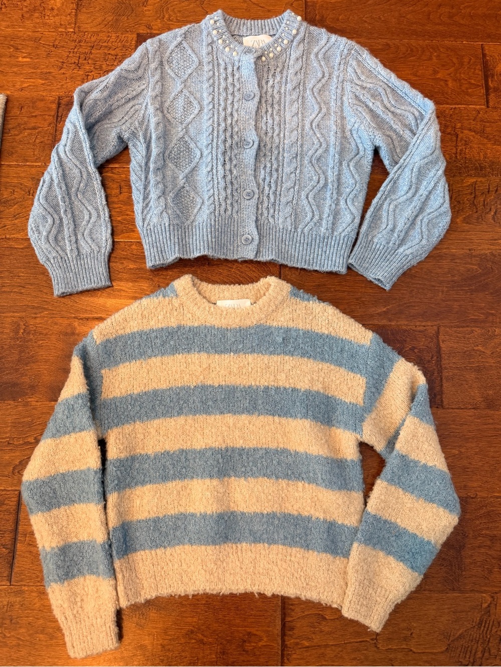 Zara Light Blue Cable-Knit Cardigan & Blue/Cream Striped Sweater Set